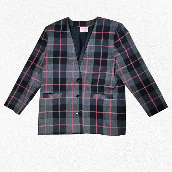 1990s Vintage Charcoal Gray Pink Plaid Boxy Power Suit Blazer Jacket Size 10P - Picture 1 of 7